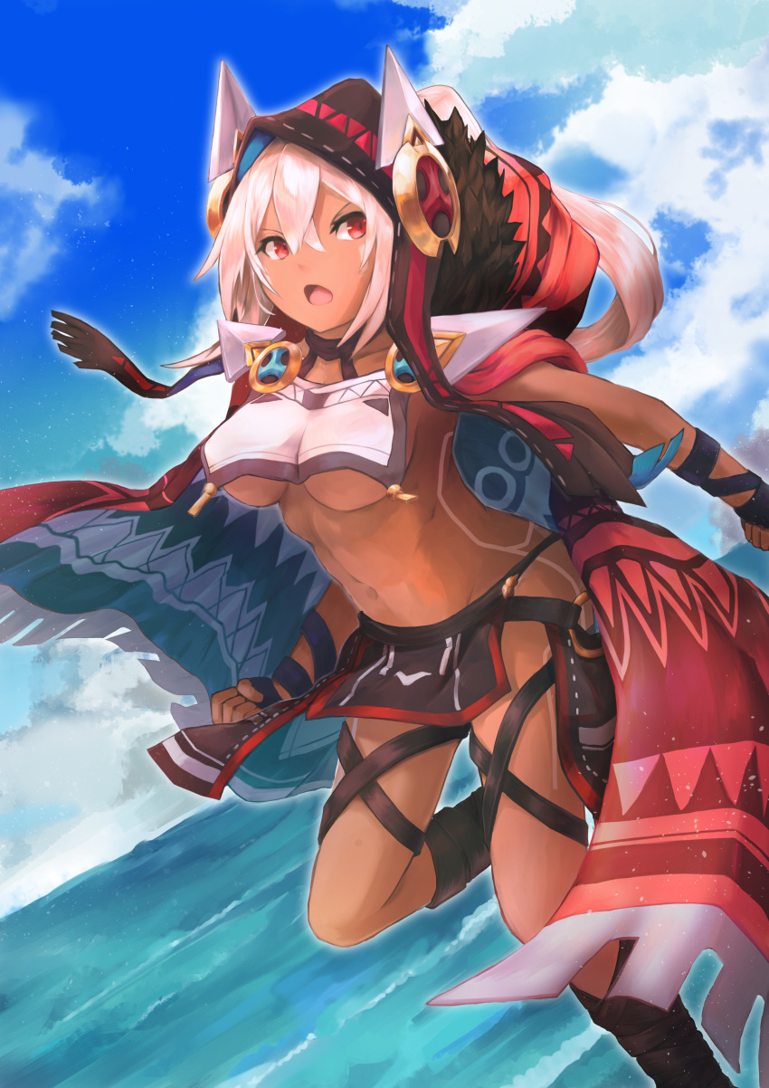1girl absurdres azur_lane blue_sky bodypaint breasts cape clouds cloudy_sky dark_skin eyebrows_behind_hair facepaint fur_trim hair_between_eyes headgear highres hood long_hair looking_to_the_side medium_breasts minneapolis_(azur_lane) native_american navel ocean open_mouth pelvic_curtain ponytail red_cape red_eyes revealing_clothes sky solo thigh_strap thighs trini under_boob white_hair wrist_straps