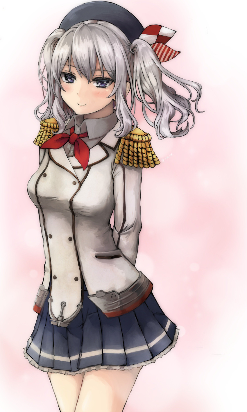10011018 1girl absurdres arms_behind_back bangs beret blush breasts epaulettes eyebrows_visible_through_hair hair_between_eyes hair_ornament hat highres kantai_collection kashima_(kantai_collection) long_sleeves looking_at_viewer military military_uniform miniskirt red_neckwear silver_hair simple_background skirt smile solo standing two_side_up uniform violet_eyes wavy_hair white_background