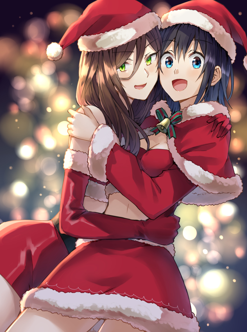 2girls :d bangs bell belt blue_eyes blue_hair blurry blush bokeh breasts brown_hair capelet cleavage cowboy_shot crop_top depth_of_field elbow_gloves eyebrows_visible_through_hair fur-trimmed_capelet fur-trimmed_gloves fur-trimmed_hat fur-trimmed_shirt fur-trimmed_skirt fur-trimmed_sleeves fur_trim gloves green_eyes green_ribbon hair_between_eyes hat hero-san_to_moto_onna_kanbu-san highres honey_trap_(hero-san_to_moto_onna_kanbu-san) honjou_hayate hug legs_apart light_particles long_hair long_sleeves looking_at_viewer medium_breasts midriff miniskirt multiple_girls open_mouth red_capelet red_gloves red_hat red_shirt red_skirt ribbon santa_costume santa_hat shirt sidelocks skirt sleeveless sleeveless_shirt slit_pupils smile somechime_(sometime1209) standing striped striped_ribbon thighs v-shaped_eyebrows wide_sleeves