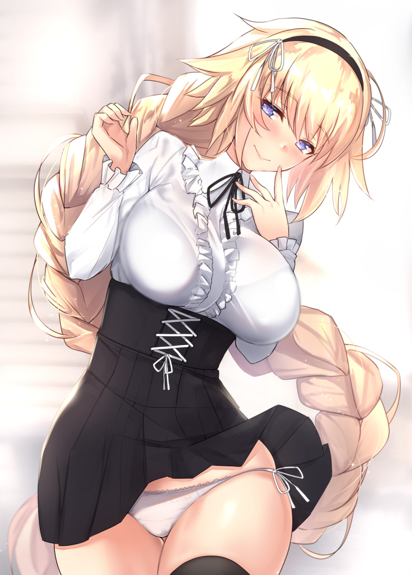 1girl bangs black_legwear black_skirt blonde_hair blouse blush braid breasts casual collared_blouse commentary_request day eyebrows_visible_through_hair fate/grand_order fate_(series) frilled_blouse hair_between_eyes hairband hands_up head_tilt high-waist_skirt highres jeanne_d'arc_(fate) jeanne_d'arc_(fate)_(all) large_breasts long_hair long_sleeves looking_at_viewer meme_attire neck_ribbon outdoors panties ribbon side-tie_panties single_braid skindentation skirt smile solo thigh-highs underwear untsue very_long_hair virgin_killer_outfit white_blouse white_panties wind wind_lift