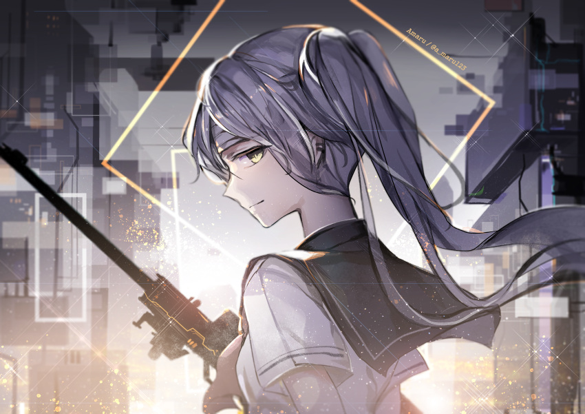 1girl absurdres ascot bangs black_neckwear black_sailor_collar blurry breasts closed_mouth depth_of_field expressionless gun headband highres holding holding_gun holding_weapon long_hair looking_at_viewer looking_back original profile rifle sailor_collar school_uniform science_fiction serafuku shirt short_sleeves sidelocks silver_hair solo twintails twitter_username unity_(ekvmsp02) upper_body weapon white_shirt yellow_eyes