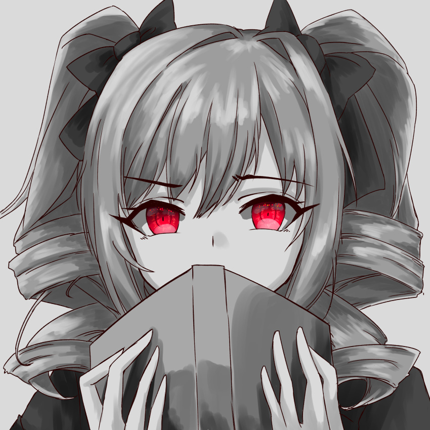1girl absurdres book covering_mouth drill_hair eyebrows_visible_through_hair hair_ornament hair_ribbon highres holding holding_book idolmaster idolmaster_cinderella_girls kanzaki_ranko long_eyelashes looking_at_viewer monochrome red_eyes ribbon simple_background solo twin_drills twintails vaviva