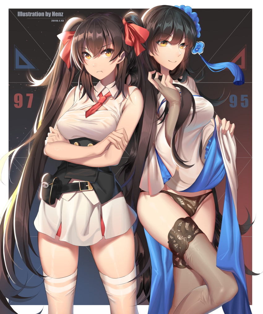 2girls absurdres alternate_costume bangs belt black_hair blush breasts bridal_gauntlets brown brown_eyes brown_hair brown_legwear buckle character_name china_dress chinese_clothes cleavage_cutout closed_mouth crossed_arms double-breasted dress dress_lift eyebrows_visible_through_hair flower girls_frontline gloves hair_between_eyes hair_flower hair_ornament hair_ribbon hand_up henz_(86551650) highres large_breasts lifted_by_self long_hair looking_at_viewer multiple_girls necktie pelvic_curtain pleated_skirt pouch pout qbz-95_(girls_frontline) qbz-97_(girls_frontline) red_eyes red_neckwear ribbon shirt siblings sidelocks sisters skirt sleeveless sleeveless_shirt smile thigh-highs twintails underbust very_long_hair white_dress white_legwear white_shirt wide_sleeves