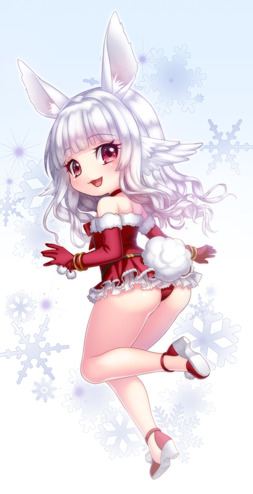 1girl animal_ears ass bare_shoulders belt bunny_tail commentary_request dress elbow_gloves elin_(tera) from_behind full_body gloves head_wings high_heels highres leg_up legs long_hair looking_back mugen618 open_mouth panties rabbit_ears red_dress red_eyes red_gloves red_panties santa_dress shoes short_dress silver_hair smile solo strapless strapless_dress tail tera_online underwear wings
