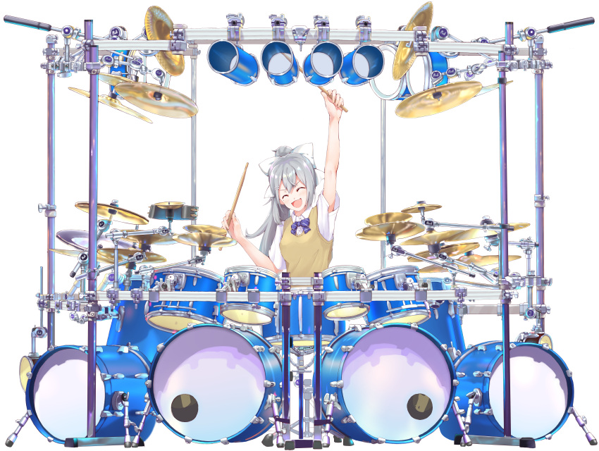 1girl :d absurdres arms_up bass_drum blush bow closed_eyes cymbals drum drum_set drumsticks facing_viewer fang guitaro_(yabasaki_taro) hair_bow hair_ornament hairclip highres higuchi_kaede huge_filesize instrument long_hair mole mole_under_eye nijisanji open_mouth plaid plaid_skirt ponytail purple_bow school_uniform shirt short_sleeves silver_hair skirt smile solo sweater_vest tambourine vest virtual_youtuber white_bow white_shirt yellow_vest