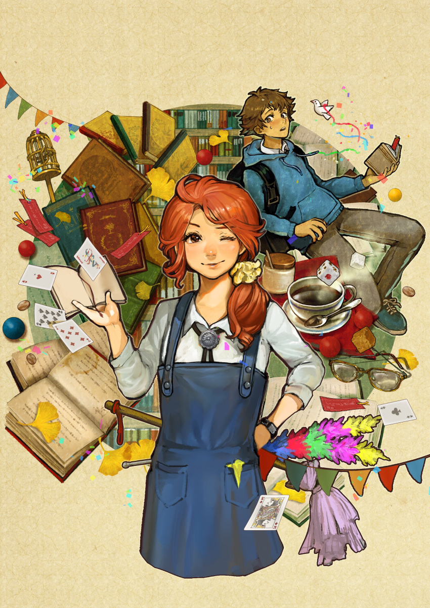1boy 1girl ;) absurdres backpack bag ball bird birdcage blue_footwear blue_hoodie blue_overalls book bookmark bookshelf brown_eyes brown_hair cage card coffee dice feather_duster ginkgo_leaf glasses hair_ornament hair_over_shoulder hair_scrunchie hand_on_hip highres hood hood_down idarintarou jewelry necklace one_eye_closed open_book original overalls playing_card redhead saucer scrunchie shoes smile sneakers spoon string_of_flags sugar sugar_cube watch watch yellow-framed_eyewear yellow_scrunchie