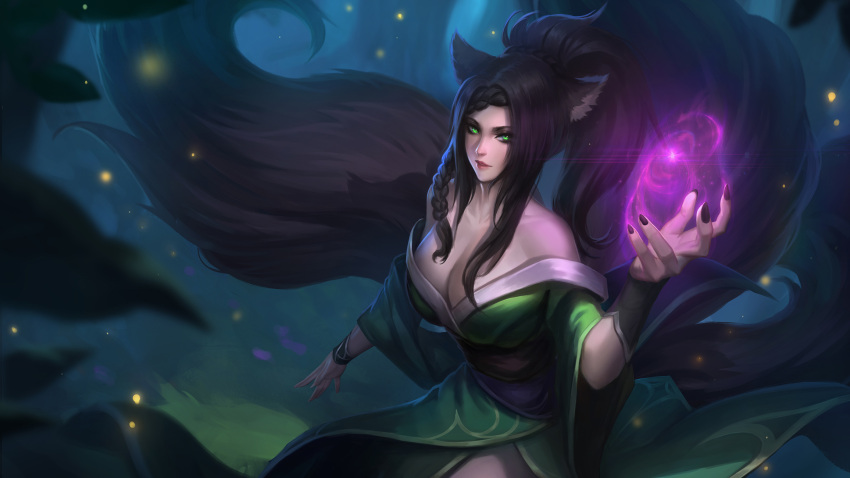 1girl animal_ears black_hair blurry blurry_background blurry_foreground braid breasts cat_ears cat_tail cleavage closed_mouth commission final_fantasy final_fantasy_xiv green_eyes green_kimono highres japanese_clothes kimono large_breasts lips long_hair looking_at_viewer magic miqo'te nail_polish nguyen_uy_vu obi off_shoulder ponytail sash solo tail wide_sleeves wrist_cuffs