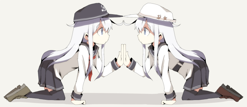 2girls anchor_symbol bangs black_legwear blue_eyes blue_hat closed_mouth dokan_(dkn) eyebrows_visible_through_hair flat_cap grey_background hammer_and_sickle hands_together hat hibiki_(kantai_collection) kantai_collection kneeling long_hair long_sleeves looking_at_another mirror_image multiple_girls red_neckwear sailor_collar school_uniform serafuku shoes silver_hair simple_background star thigh-highs verniy_(kantai_collection) white_hat