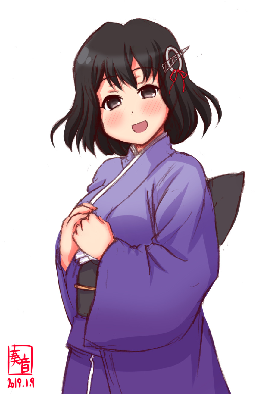 1girl alternate_costume artist_logo black_hair blush breasts brown_eyes cowboy_shot dated eyebrows_visible_through_hair haguro_(kantai_collection) hair_between_eyes hair_ornament hands_on_own_chest highres japanese_clothes kanon_(kurogane_knights) kantai_collection kimono looking_at_viewer medium_breasts obi open_mouth purple_kimono sash short_eyebrows short_hair signature simple_background solo white_background