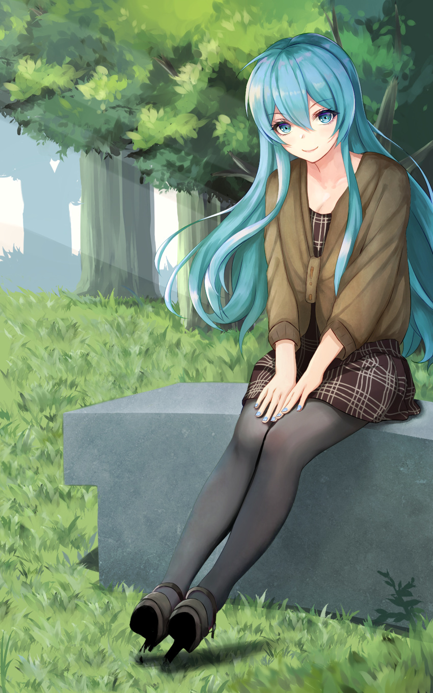 1girl absurdres black_footwear black_legwear blue_eyes blue_hair brown_jacket casual collarbone commentary_request contemporary eirika eyebrows_visible_through_hair fire_emblem fire_emblem:_seima_no_kouseki hair_between_eyes high_heels highres jacket long_hair looking_at_viewer nintendo nurumaru_yu pantyhose sitting skirt smile solo tree