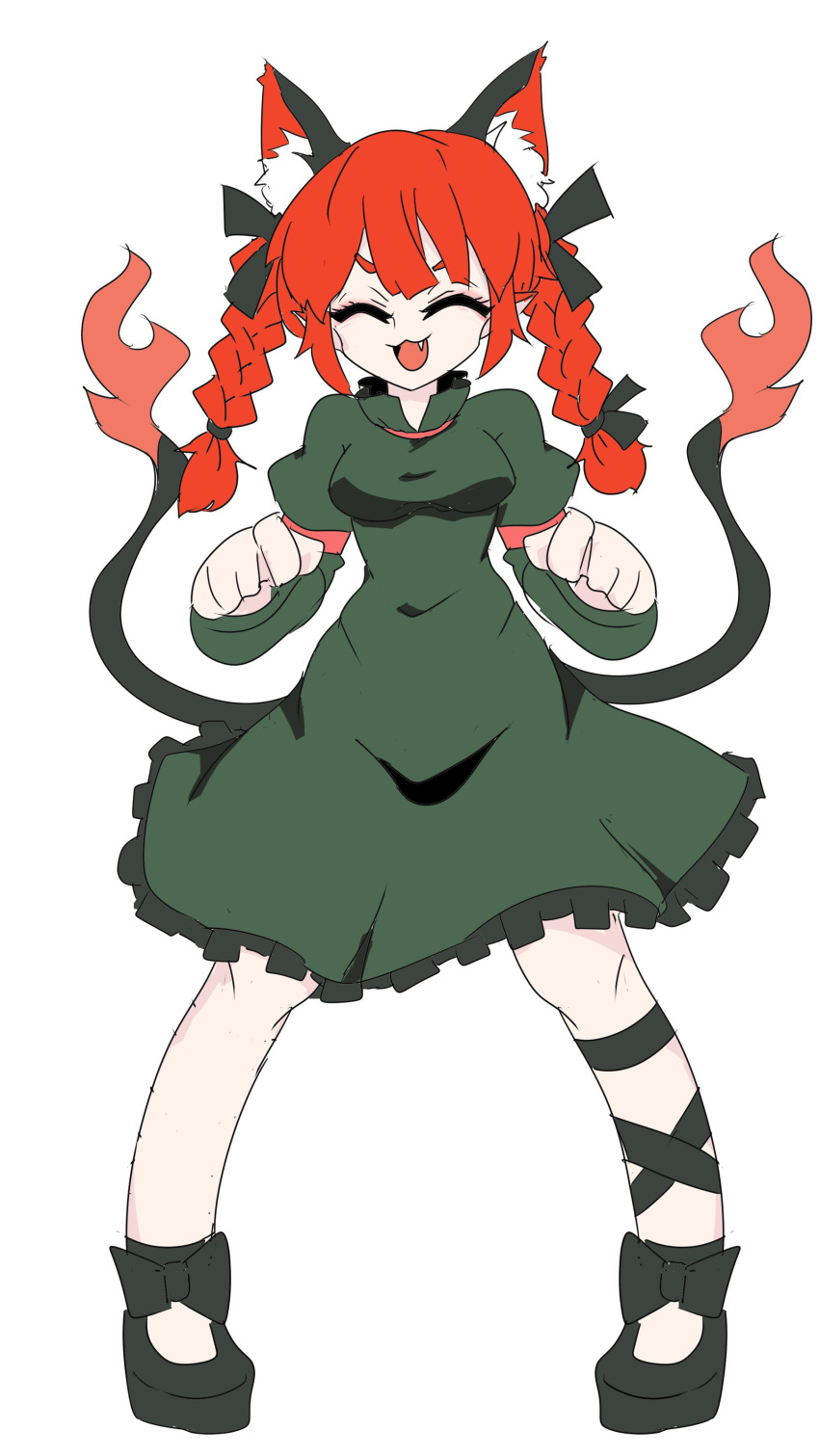 1girl :3 :d ^_^ absurdres animal_ears bow braid cat_ears cat_tail closed_eyes dress extra_ears fang flame-tipped_tail full_body green_dress hair_bow highres kaenbyou_rin legs_apart long_hair multiple_tails nekomata open_mouth paw_pose redhead smile solo tail touhou twin_braids two_tails ukanosaguji