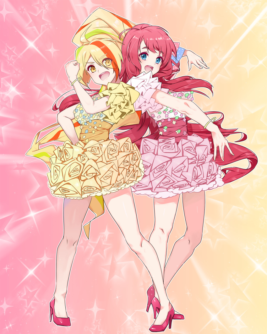 2girls absurdres ahoge bare_legs blonde_hair blue_eyes bow bracelet bubble_skirt clenched_hand commentary_request eyebrows_visible_through_hair eyes_visible_through_hair full_body futari_wa_precure gimnang hair_bow hair_over_one_eye high_heels highres jewelry long_hair minamoto_sakura multicolored_hair multiple_girls nikaidou_saki open_mouth parody polka_dot ponytail pose precure red_footwear redhead short_sleeves skirt streaked_hair very_long_hair yellow_eyes zombie_land_saga