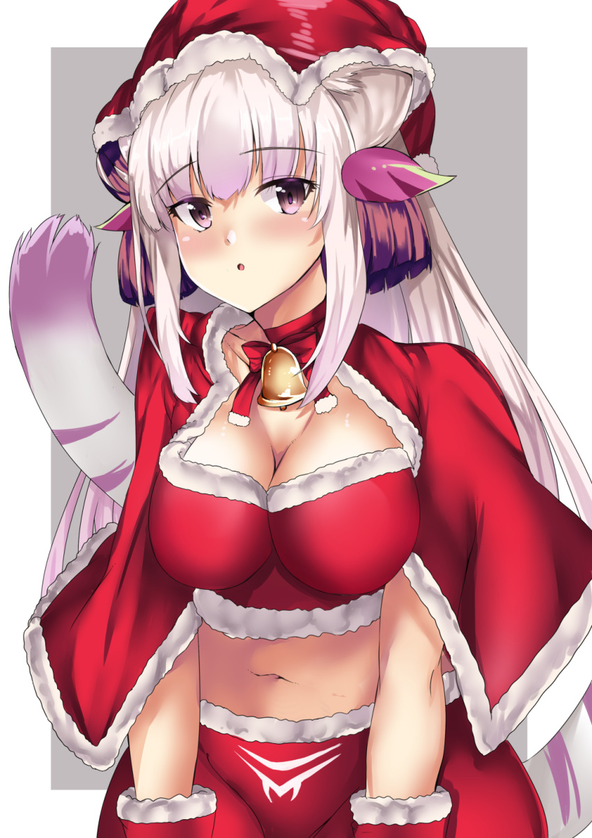 1girl :o bangs bell bow breasts brown_eyes capelet choker cleavage come_hither crop_top double_bun eyebrows_visible_through_hair fur-trimmed_capelet fur-trimmed_gloves fur-trimmed_hat fur-trimmed_skirt fur_trim gloves grey_background haku_(p&amp;d) hat highres large_breasts long_hair looking_at_viewer midriff multicolored_hair navel parted_lips purple_hair puzzle_&amp;_dragons red_bow red_capelet red_choker red_gloves red_hat red_skirt santa_hat setu_(shining12) side_bun silver_hair skirt solo tail tail_raised tiger_tail two-tone_background two-tone_hair very_long_hair white_background