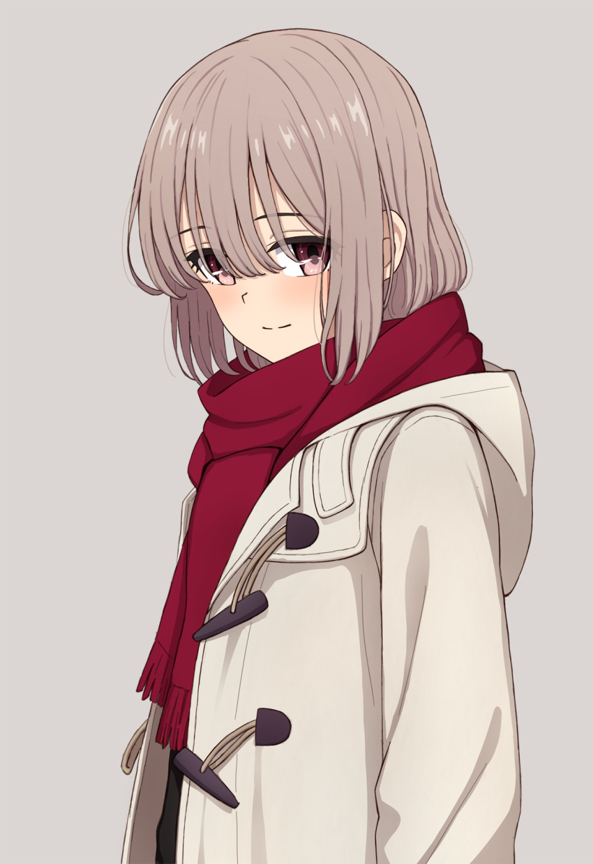 1girl bangs blush brown_hair closed_mouth coat commentary_request duffel_coat from_side grey_background hair_between_eyes highres hood hood_down hooded_coat long_sleeves looking_at_viewer looking_to_the_side open_clothes open_coat original red_eyes red_scarf scarf short_hair simple_background smile solo upper_body white_coat yahiro_(epicopeiidae)