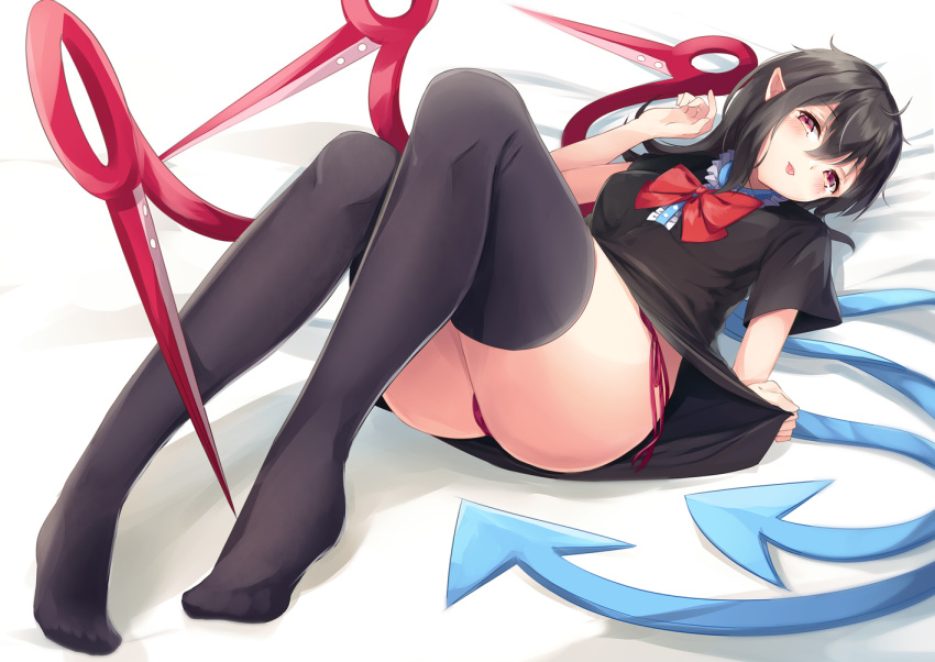 1girl :p ass asymmetrical_wings bangs bed_sheet black_dress black_hair black_legwear blue_wings blush bow bowtie breasts center_frills commentary_request dress eyebrows_visible_through_hair full_body hair_between_eyes hand_up head_tilt houjuu_nue igakusei knees_up long_hair looking_at_viewer lying medium_breasts no_shoes on_back panties pointy_ears red_bow red_eyes red_neckwear red_panties red_wings shadow short_dress short_sleeves side-tie_panties skirt_hold solo thigh-highs thighs tongue tongue_out touhou underwear wings