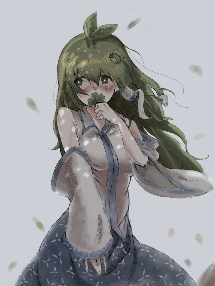 1girl absurdres antenna_hair bangs bare_shoulders blue_eyes blue_skirt breasts bright_pupils clover covered_mouth detached_sleeves eyebrows_visible_through_hair four-leaf_clover frog_hair_ornament green_hair hair_between_eyes hair_ornament hair_tubes hand_up highres holding kochiya_sanae long_hair long_sleeves medium_breasts skirt sleeves_past_wrists snake_hair_ornament solo star star-shaped_pupils symbol-shaped_pupils touhou white_pupils wide_sleeves yuu_yuu910