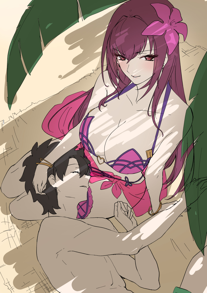 1boy 1girl absurdres bare_shoulders bikini bracelet breasts cleavage closed_eyes commentary_request earrings fate/grand_order fate_(series) fern flower from_above fujimaru_ritsuka_(male) grin hair_flower hair_intakes hair_ornament hibiscus highres jewelry lap_pillow large_breasts leg_garter long_hair looking_at_viewer lying navel on_lap on_side pink_bikini pink_sarong purple_hair red_eyes sarong scathach_(fate)_(all) scathach_(fate/grand_order) scathach_(swimsuit_assassin)_(fate) short_hair sleeping sleeping_on_person slept_(re_mix) smile swimsuit