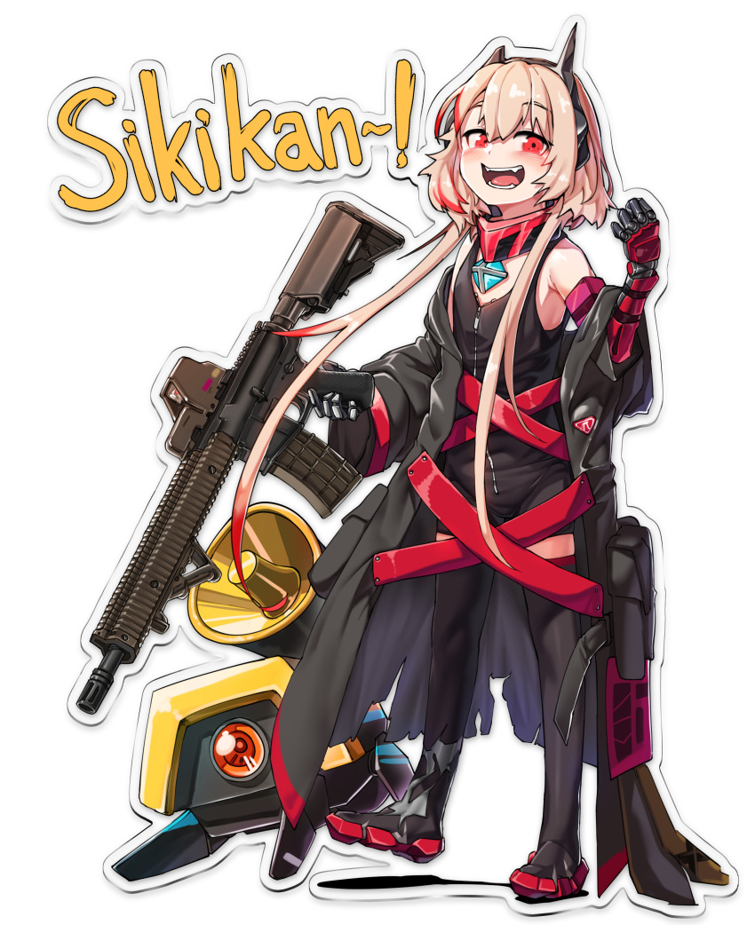 1girl absurdres assault_rifle bangs black_footwear black_jumpsuit blush boots coat eyebrows_visible_through_hair fangs gas_mask girls_frontline gloves gun hair_between_eyes headgear highres jacket long_coat long_hair looking_at_viewer m4_carbine m4_sopmod_ii m4_sopmod_ii_(girls_frontline) mechanical_arm multicolored_hair multiple_straps off_shoulder open_clothes open_coat open_mouth pink_hair red_eyes redhead rifle ro635_(dinergate) sd_bigpie short_jumpsuit sidelocks simple_background sleeveless_jumpsuit smile solo streaked_hair thigh-highs thigh_boots weapon white_background younger zipper