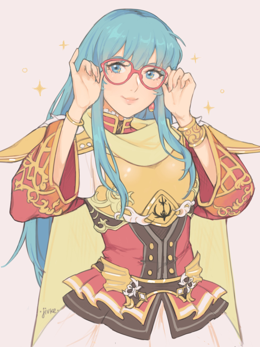 1girl adjusting_eyewear aqua_hair armor bespectacled blue_eyes bracelet breastplate cape earrings eirika eyelashes fire_emblem fire_emblem:_seima_no_kouseki fire_emblem_heroes glasses grey_background head_tilt highres jewelry jivke long_hair looking_at_viewer nintendo pauldrons red-framed_eyewear simple_background skirt smile solo sparkle wide_sleeves yellow_cape