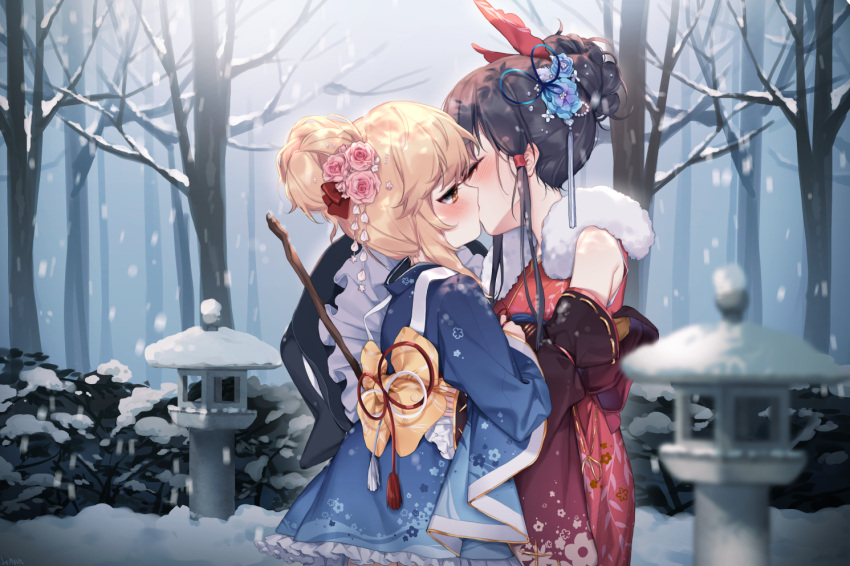 2girls alternate_costume alternate_hairstyle bare_shoulders bare_tree black_hair black_hat blonde_hair blue_kimono blush bush closed_eyes commentary_request couple cowboy_shot detached_sleeves floral_print flower from_side fur_collar hair_bun hair_flower hair_ornament hair_ribbon hair_tubes hajin hakurei_reimu hat hat_removed headwear_removed japanese_clothes kimono kirisame_marisa kiss long_sleeves multiple_girls outdoors petticoat pink_flower pink_rose profile red_kimono red_ribbon ribbon rose short_hair sidelocks snow snowing standing touhou tree wide_sleeves winter witch_hat yellow_eyes yellow_sash yuri