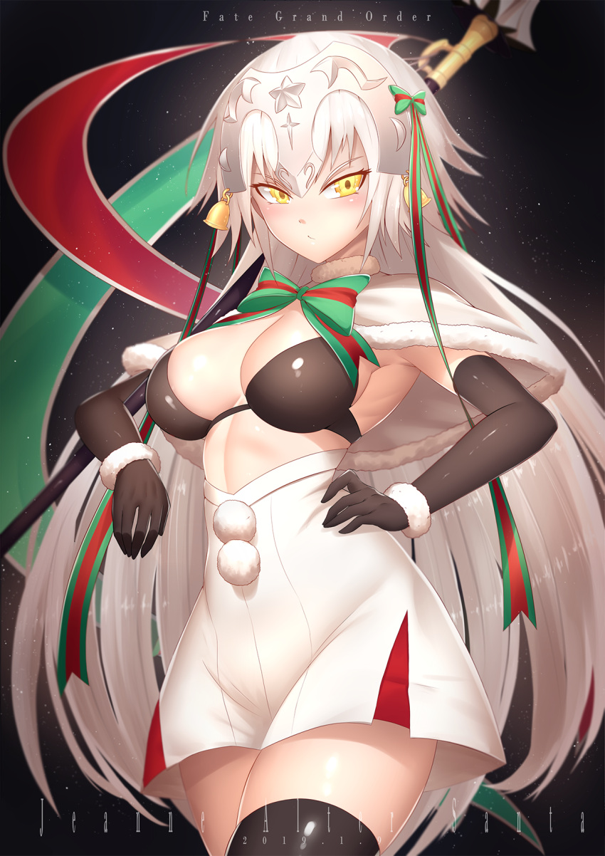 1girl bangs bell bikini bikini_under_clothes black_bikini black_gloves black_legwear breasts bu_li capelet character_name cleavage closed_mouth copyright_name cosplay cowboy_shot dated dress elbow_gloves fate/grand_order fate_(series) fur-trimmed_capelet fur_trim gloves green_ribbon hair_ribbon hand_on_hip headpiece highres holding holding_weapon jeanne_d'arc_(alter)_(fate) jeanne_d'arc_(fate)_(all) jeanne_d'arc_alter_santa_lily jeanne_d'arc_alter_santa_lily_(cosplay) jingle_bell long_hair looking_at_viewer medium_breasts multicolored multicolored_ribbon polearm pom_pom_(clothes) red_ribbon ribbon silver_hair solo standing striped striped_ribbon swimsuit symbol_commentary thigh-highs tsurime very_long_hair weapon white_capelet white_dress yellow_eyes