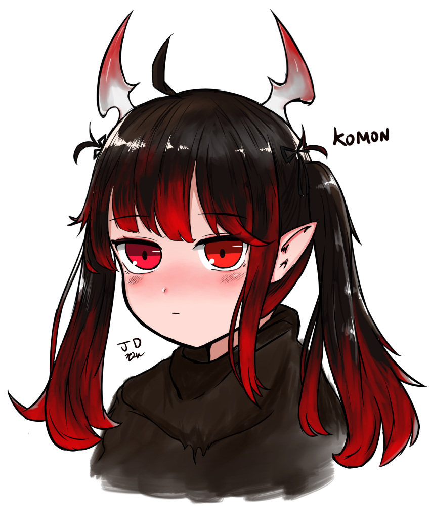 1girl absurdres ahoge bangs black_hair black_ribbon black_shirt blush closed_mouth commentary_request demon_horns dokomon eyebrows_visible_through_hair gradient_hair hair_ribbon highres horns korean_commentary long_hair multicolored_hair original pointy_ears red_eyes redhead ribbon shirt sidelocks signature simple_background solo twintails white_background