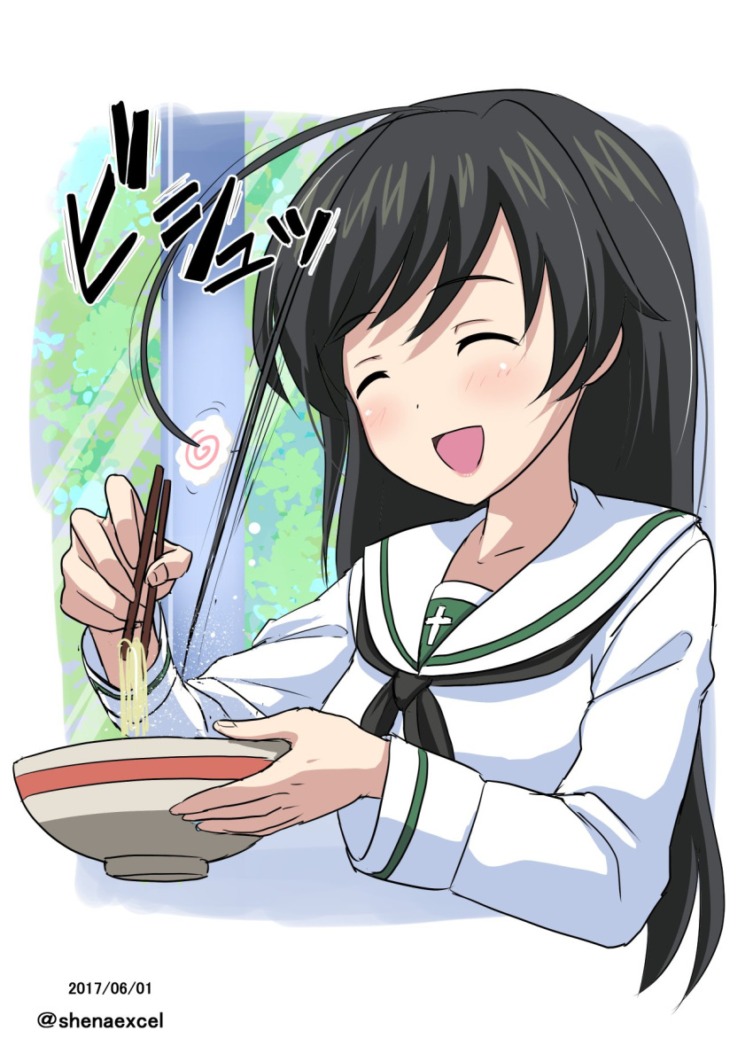 1girl :d ahoge bangs black_hair black_neckwear blouse bowl chopsticks closed_eyes commentary cropped_torso dated eating excel_(shena) eyebrows_visible_through_hair food girls_und_panzer highres holding holding_bowl holding_chopsticks isuzu_hana light_blush lips long_hair long_sleeves motion_lines naruto_(series) neckerchief noodles ooarai_school_uniform open_mouth ramen school_uniform serafuku simple_background smile solo twitter_username upper_body white_background white_blouse