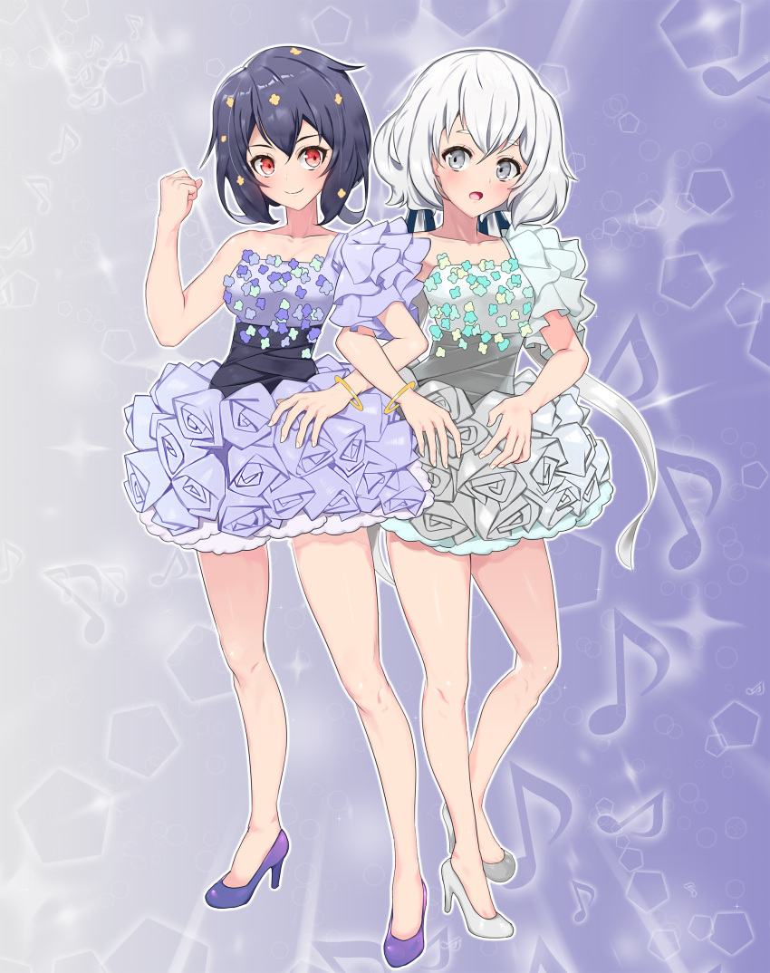 2girls absurdres bangle blue_eyes blue_hair blush bracelet clenched_hand dress flower frilled_sleeves frills full_body futari_wa_precure gimnang hair_flower hair_ornament hair_ribbon high_heels highres idol jewelry konno_junko legs long_hair low_twintails mizuno_ai multiple_girls musical_note open_mouth precure red_eyes ribbon short_hair skirt sleeveless sleeveless_dress smile strapless strapless_dress twintails white_hair zombie_land_saga