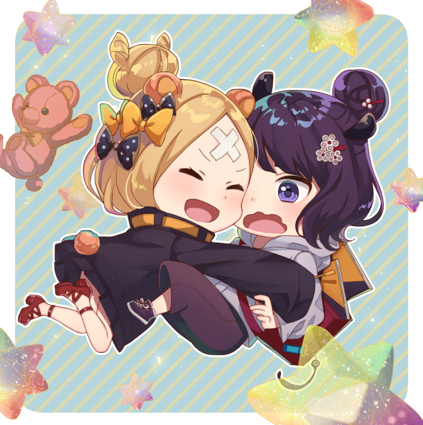 2girls :d ^_^ abigail_williams_(fate/grand_order) bangs black_bow black_jacket blonde_hair blush bow brown_pants closed_eyes closed_eyes commentary_request crossed_bandaids fate/grand_order fate_(series) grey_hoodie hair_bow hair_bun heroic_spirit_traveling_outfit high_heels highres hood hood_down hoodie jacket katsushika_hokusai_(fate/grand_order) kurono_kito long_hair long_sleeves multiple_girls open_mouth orange_bow outstretched_arms pants parted_bangs polka_dot polka_dot_bow red_footwear saint_quartz shoes sleeves_past_fingers sleeves_past_wrists smile stuffed_animal stuffed_toy teddy_bear violet_eyes