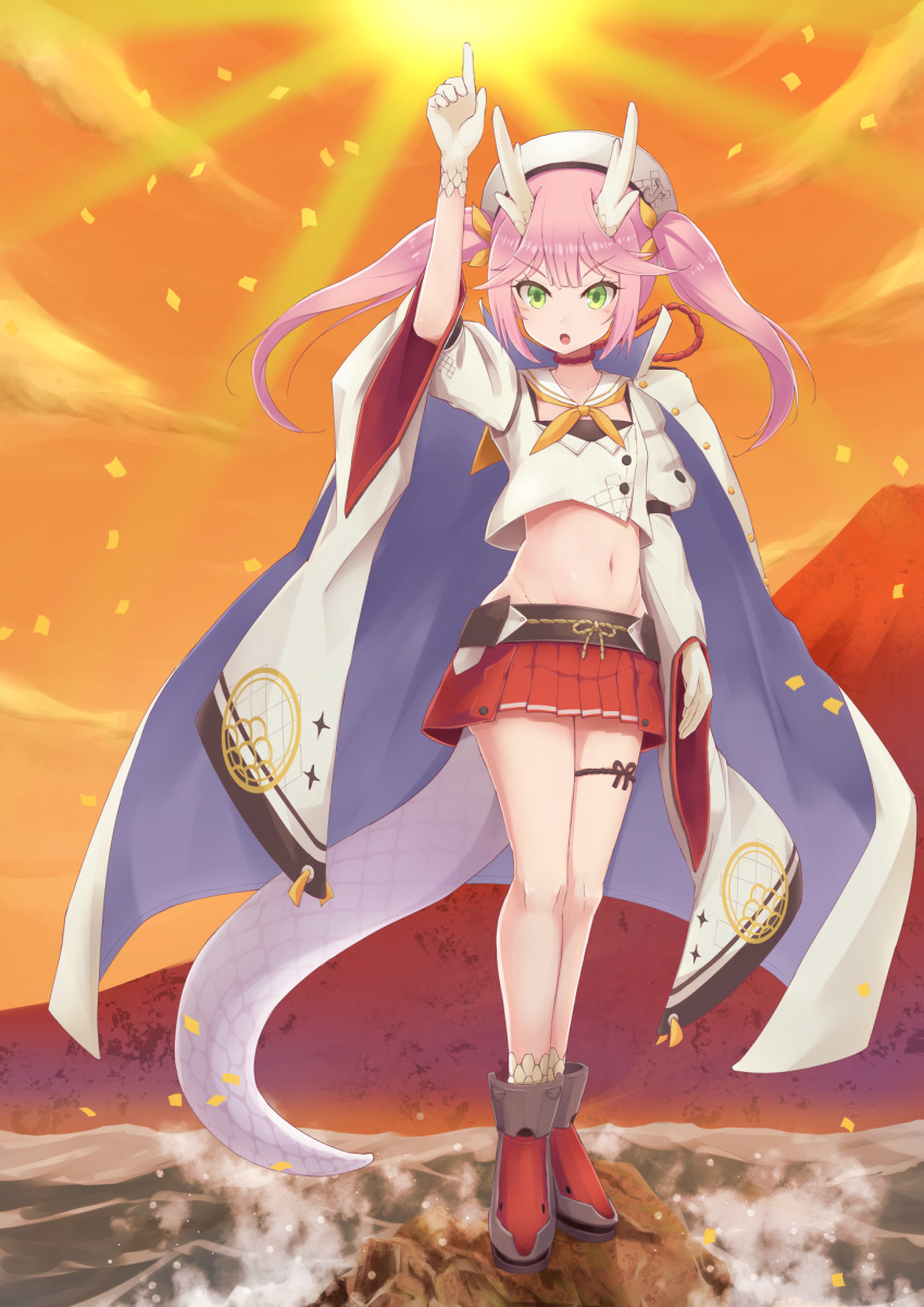 1girl arm_up azur_lane beret cape commentary_request crop_top dragon_girl dragon_horns dragon_tail full_body gloves green_eyes groin hat highres horns kamen_rider kamen_rider_kabuto_(series) long_sleeves looking_at_viewer midriff mountain navel ocean open_mouth parody pink_hair pointing ryuujou_(azur_lane) shoes solo sun tail tendou_souji twintails