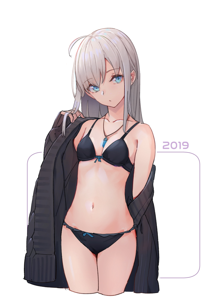 1girl 2019 ahoge bangs bare_shoulders black_bra black_jacket black_panties blue_eyes bra breasts closed_mouth collarbone cropped_legs eyebrows_visible_through_hair hand_up head_tilt highres jacket jewelry long_hair looking_at_viewer navel necklace nekojira off_shoulder open_clothes open_jacket original panties revision sidelocks silver_hair small_breasts solo stomach underwear white_background