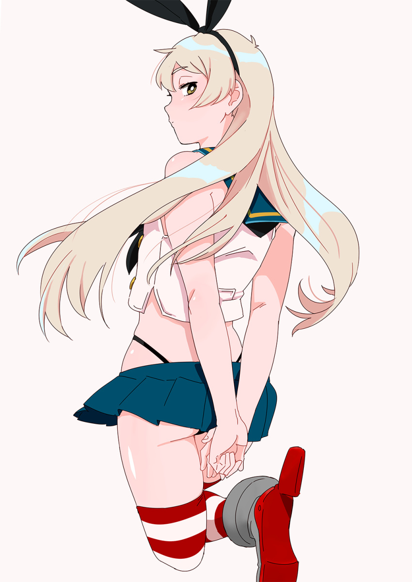 1girl arms_behind_back black_panties blonde_hair blue_skirt crop_top elbow_gloves from_behind gloves grey_eyes hairband highleg highleg_panties highres kantai_collection long_hair microskirt miniskirt ojipon panties pink_background rudder_footwear sailor_collar school_uniform serafuku shimakaze_(kantai_collection) skirt solo striped striped_legwear thigh-highs thong underwear white_gloves