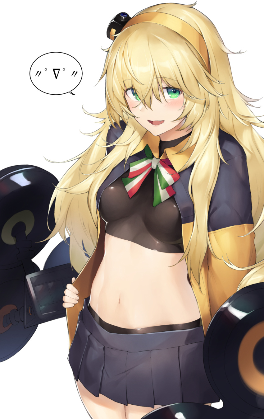 1girl :d arm_at_side bangs bike_shorts black_skirt blonde_hair blush breasts commentary_request cowboy_shot crop_top dabuki eyebrows_visible_through_hair fang girls_frontline green_eyes hair_between_eyes hairband highres jacket long_hair long_sleeves looking_at_viewer medium_breasts miniskirt multicolored_neckwear navel neck_ribbon open_clothes open_jacket open_mouth pleated_skirt ribbon s.a.t.8_(girls_frontline) shorts shorts_under_skirt simple_background skirt smile solo speech_bubble spoken_expression stomach striped striped_neckwear white_background yellow_hairband yellow_jacket