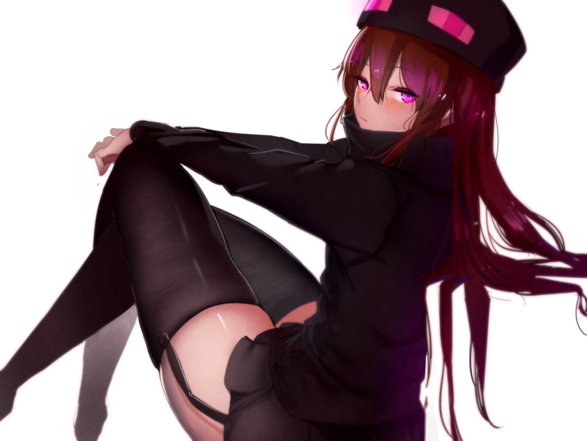 1girl at2. bangs black_hat black_shirt black_skirt blush closed_mouth commentary commentary_request enderman english_commentary expressionless eyebrows_visible_through_hair from_behind garter_straps hair_between_eyes hands_on_own_knee hat highres knees_up legs_crossed long_hair long_sleeves looking_at_viewer looking_back minecraft miniskirt pink_eyes purple_hair shirt simple_background sitting skindentation skirt solo thigh-highs very_long_hair white_background