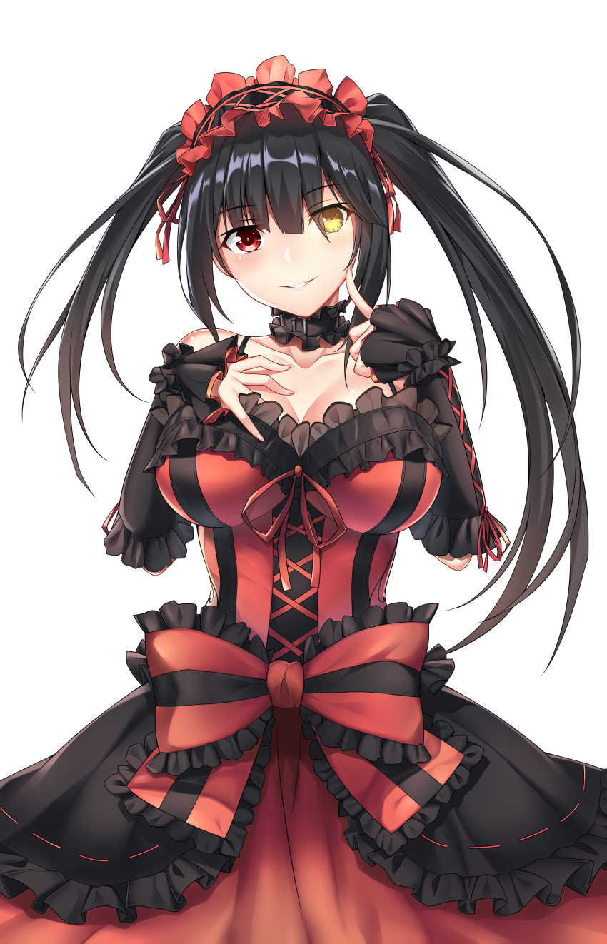 1girl absurdres asymmetrical_hair bare_shoulders black_collar black_sleeves blush bow breasts cleavage clock_eyes collar cowboy_shot date_a_live detached_collar detached_sleeves dress finger_to_cheek frilled_bow frilled_collar frilled_dress frilled_hairband frilled_sleeves frills gothic_lolita grin hair_between_eyes hairband hand_on_own_chest heterochromia highres large_breasts layered_dress lolita_fashion lolita_hairband looking_at_viewer multicolored multicolored_clothes multicolored_dress red_dress red_eyes simple_background smile solo symbol-shaped_pupils tokisaki_kurumi twintails white_background yellow_eyes zhi_jiyang