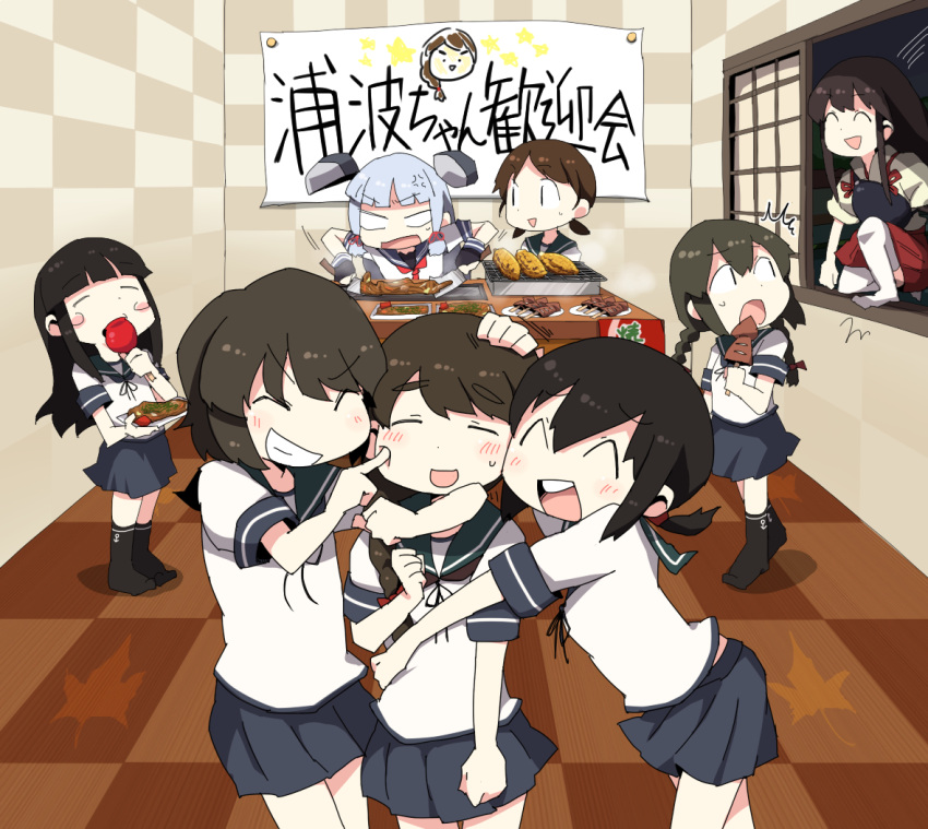 6+girls akagi_(kantai_collection) anger_vein bangs black_eyes black_hair black_legwear blush braid brown_hair cheek_poking closed_eyes cooking dokan_(dkn) eating eyebrows_visible_through_hair food fubuki_(kantai_collection) hair_between_eyes hair_ribbon hatsuyuki_(kantai_collection) headgear holding holding_food hug indoors isonami_(kantai_collection) japanese_clothes kantai_collection long_hair miyuki_(kantai_collection) multiple_girls murakumo_(kantai_collection) night open_mouth poking ribbon sailor_collar school_uniform serafuku shikinami_(kantai_collection) shirt short_hair sign single_braid smile socks surprised sweat sweatdrop teeth translated uranami_(kantai_collection) window