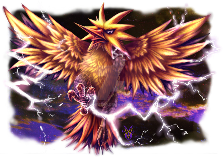 bird claws clouds cloudy_sky commentary commission creatures_(company) dark_clouds electricity english_commentary flying full_body game_freak gen_1_pokemon looking_at_viewer nintendo no_humans pokemon pokemon_(creature) rabenfeder realistic sky solo watermark web_address yellow zapdos