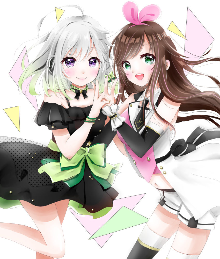 2girls a.i._channel bangs bare_shoulders black_dress black_legwear black_sleeves blush bow bracelet braid brown_hair closed_mouth cowboy_shot detached_collar detached_sleeves dress gradient_hair green_bow green_eyes green_hair hair_bow hairband hand_holding highres jewelry kizuna_ai leg_up long_hair long_sleeves looking_at_viewer multicolored_hair multiple_girls open_mouth pink_hair pink_hairband pink_vest polka_dot polka_dot_dress riiiyama sash shirt short_hair shorts side_braid silver_hair sleeveless sleeveless_shirt smile streaked_hair swept_bangs thigh-highs two-tone_hair very_long_hair vest violet_eyes virtual_youtuber white_background white_shorts wing_collar yuni_(yuni_channel) yuni_channel
