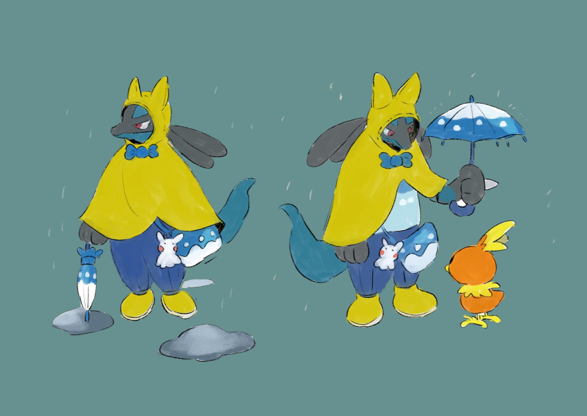 0069_1111 creatures_(company) game_freak gen_3_pokemon gen_4_pokemon highres lucario nintendo no_humans pokemon pokemon_(creature) poncho rain torchic umbrella