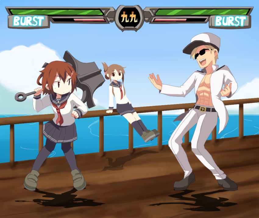 1boy 2girls admiral_(kantai_collection) anchor bangs black_eyes black_legwear blonde_hair brown_hair closed_mouth clouds crossover dokan_(dkn) eyebrows_visible_through_hair fighting_game fighting_stance guilty_gear hair_between_eyes hair_ornament hairclip hat health_bar holding holding_anchor holding_weapon ikazuchi_(kantai_collection) inazuma_(kantai_collection) jacket johnny_(guilty_gear) johnny_sfondi kantai_collection may_(guilty_gear) multiple_girls ocean open_clothes open_mouth outdoors pants parody red_neckwear sailor_collar school_uniform serafuku shadow shoes short_hair skirt socks standing sunglasses teeth uniform video_game weapon