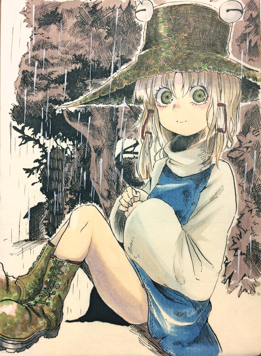 1girl absurdres bangs blonde_hair boots closed_mouth cross-laced_footwear green_eyes green_footwear green_hat hair_between_eyes hat highres lace-up_boots long_sleeves looking_at_viewer medium_hair moriya_suwako rain sitting sleeves_past_wrists smile solo touhou traditional_media tree wide_sleeves yuu_yuu910