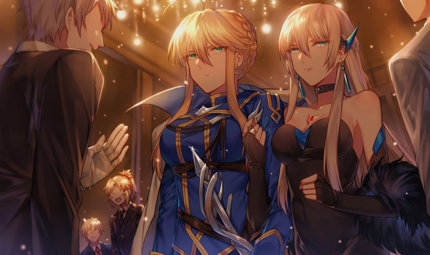 3boys 3girls :d absurdres artoria_pendragon_(all) artoria_pendragon_(lancer) bangs bare_shoulders black_choker black_dress black_gloves black_jacket black_neckwear blonde_hair blue_jacket braid breasts bridal_gauntlets brown_hair cape choker cleavage closed_mouth collared_shirt commentary_request covered_navel cross cross_earrings dress earrings elbow_gloves eyebrows_visible_through_hair faceless faceless_female faceless_male fang fate/grand_order fate_(series) feather_boa fingerless_gloves formal gloves green_eyes hair_between_eyes hair_ornament highres indoors jacket jewelry locked_arms long_hair looking_at_viewer medium_breasts mordred_(fate) mordred_(fate)_(all) morgan_le_fay_(fate) multiple_boys multiple_girls necktie open_mouth parted_lips ponytail red_neckwear shirt sidelocks single_bridal_gauntlet single_glove smile strapless strapless_dress suit very_long_hair white_cape white_gloves white_shirt yorukun