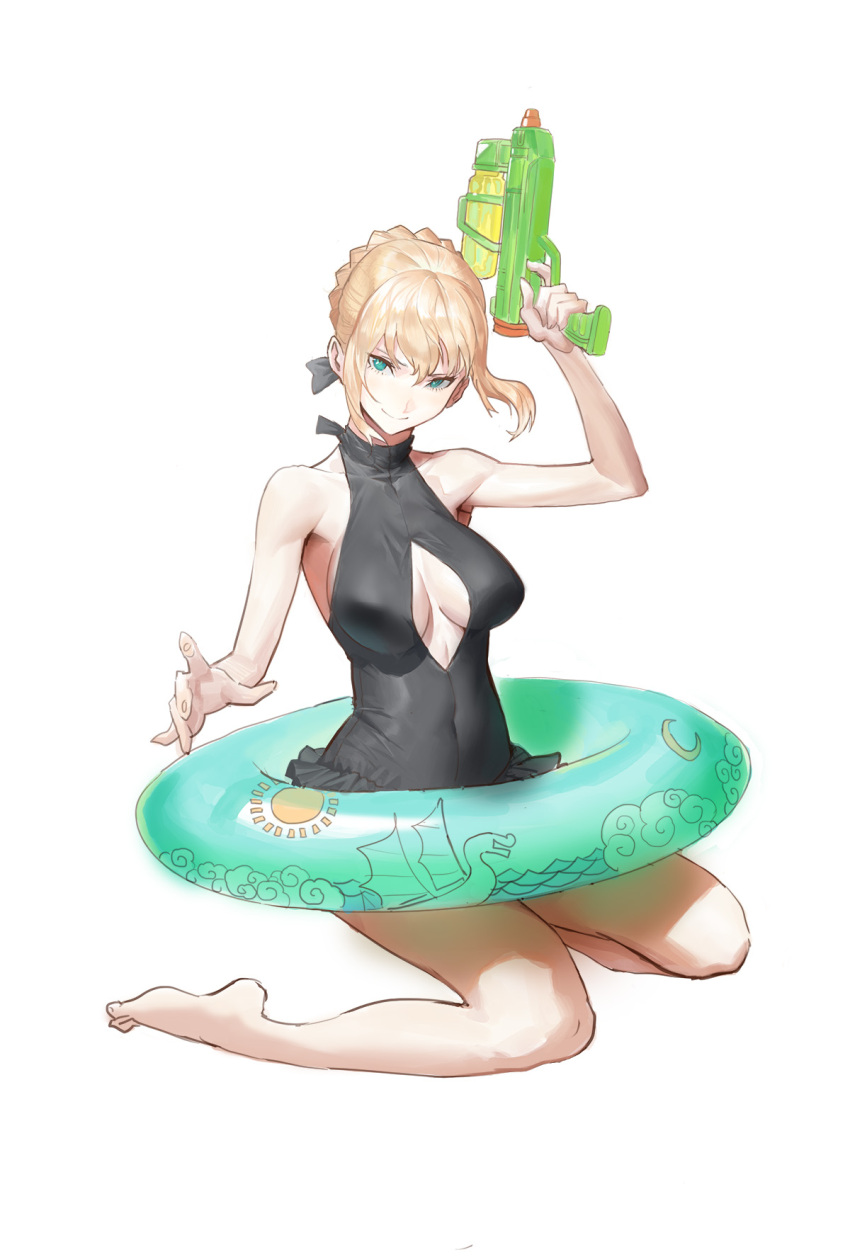 1girl arm_up artoria_pendragon_(all) black_swimsuit blonde_hair braid breasts casual_one-piece_swimsuit center_opening covered_navel crown_braid fate/grand_order fate_(series) fuli_dun full_body green_eyes highres innertube large_breasts looking_at_viewer one-piece_swimsuit short_hair sidelocks simple_background sitting smile solo swimsuit water_gun white_background