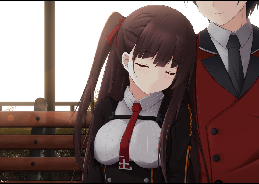 1boy 1girl artist_name bangs bench black_neckwear braid breasts brown_hair closed_eyes closed_mouth collared_shirt day double-breasted eyebrows_visible_through_hair french_braid girls_frontline hair_ribbon head_out_of_frame head_tilt highres jacket keenh lens_flare letterboxed medium_breasts military military_jacket military_uniform necktie on_bench one_side_up outdoors park_bench parted_lips red_jacket red_neckwear red_ribbon ribbon shirt simple_background sitting sleeping sleeping_upright smile solo_focus striped striped_shirt uniform upper_body vertical-striped_shirt vertical_stripes wa2000_(girls_frontline) white_background white_shirt wing_collar