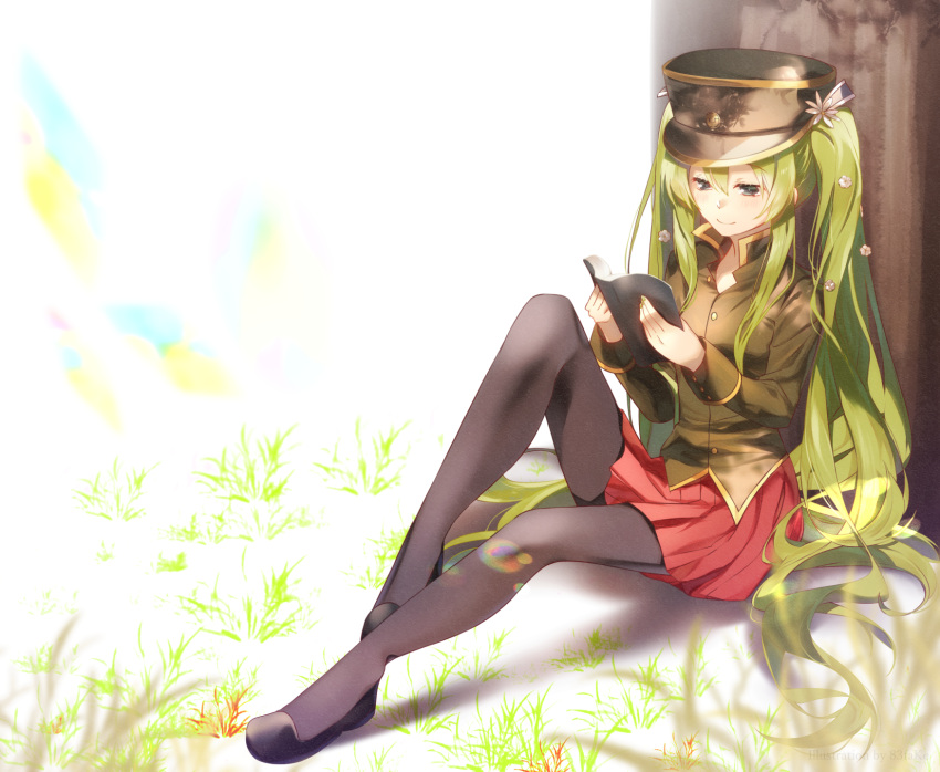 1girl against_tree black_footwear black_hat black_legwear book brown_jacket full_body green_eyes green_hair hair_between_eyes hat hatsune_miku highres holding jacket long_hair long_sleeves military_hat miniskirt open_book pantyhose pleated_skirt reading red_skirt sitting skirt solo tree twintails very_long_hair vocaloid yamai_fake