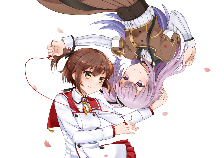 2girls absurdres brown_eyes brown_hair brown_skirt etou_kanami eye_contact hand_on_head highres long_hair long_sleeves looking_at_another multiple_girls one_side_up red_string school_uniform serafuku short_hair short_ponytail simple_background skirt string toji_no_miko tsubakuro_yume upside-down very_long_hair violet_eyes white_background yumina_(artist) yuri