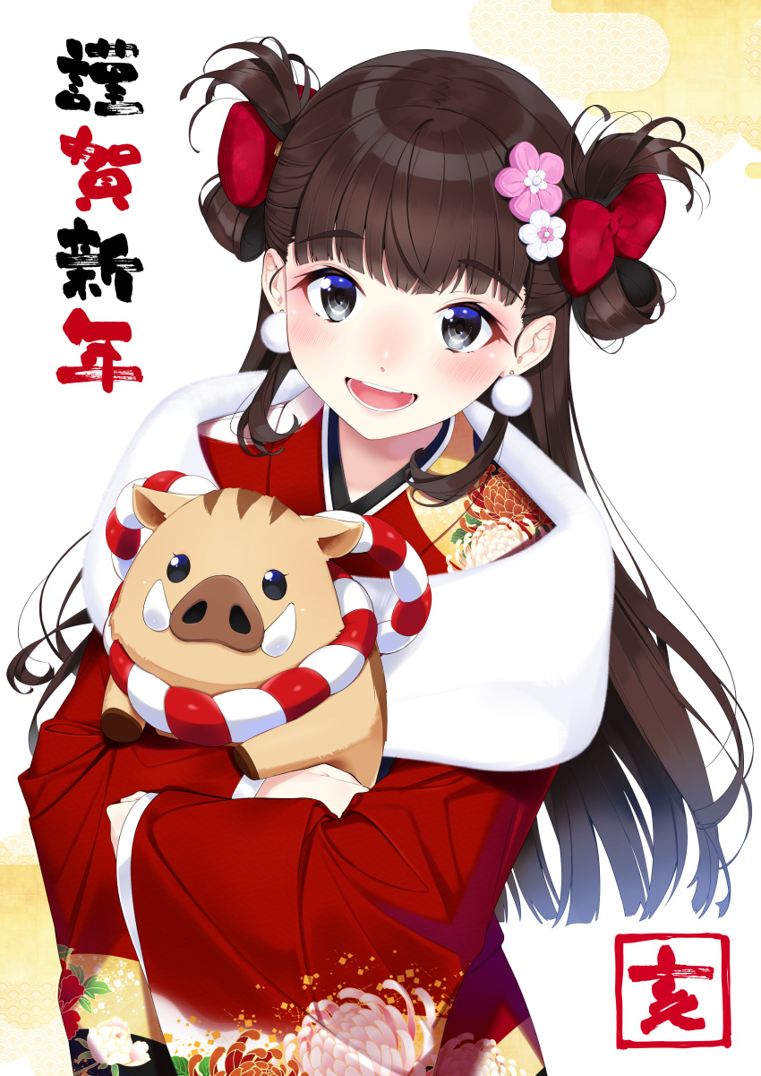 1girl :d absurdres animal blue_eyes blush boar bow chinese_zodiac earrings eyebrows_visible_through_hair floating_hair flower fur hair_bow hair_flower hair_ornament hair_rings highres holding holding_animal japanese_clothes jewelry kimono long_hair long_sleeves looking_at_viewer nezumidoshi nose_blush open_mouth original pom_pom_earrings print_kimono red_bow red_kimono rope round_teeth shimenawa smile solo straight_hair tareme teeth upper_body white_background wide_sleeves year_of_the_pig