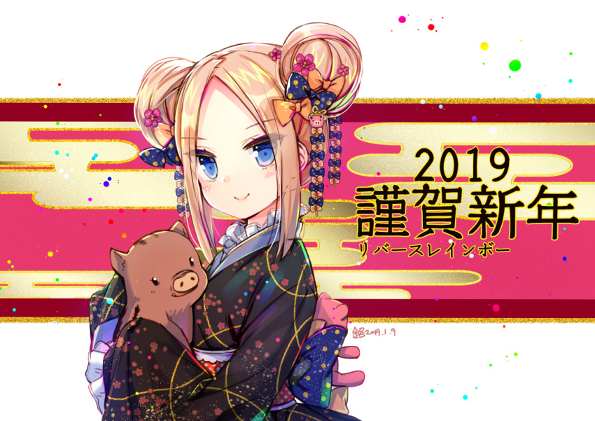 1girl 2019 abigail_williams_(fate/grand_order) animal bangs black_bow black_kimono blonde_hair blue_bow blue_eyes blush boar bow closed_mouth dated double_bun egasumi eyebrows_visible_through_hair fate/grand_order fate_(series) floral_print flower forehead frilled_kimono frilled_sleeves frills hair_bow hair_flower hair_ornament holding holding_animal japanese_clothes jin_young-in kimono light_brown_hair long_hair long_sleeves looking_at_viewer new_year obi orange_bow parted_bangs pig_hair_ornament polka_dot polka_dot_bow sash side_bun sidelocks sleeves_past_fingers sleeves_past_wrists smile solo stuffed_animal stuffed_toy teddy_bear upper_body wide_sleeves
