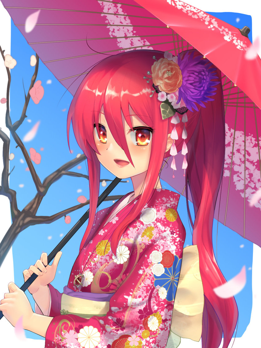 1girl :d back_bow bangs bare_tree blue_background blush bow commentary_request floating_hair flower from_side hair_between_eyes hair_flower hair_ornament high_ponytail highres holding holding_umbrella japanese_clothes kimono long_hair long_sleeves looking_at_viewer looking_to_the_side obi ohlia open_mouth orange_eyes orange_flower oriental_umbrella petals pink_kimono print_kimono purple_flower redhead sash shakugan_no_shana shana sidelocks smile solo tree umbrella upper_body white_bow wide_sleeves