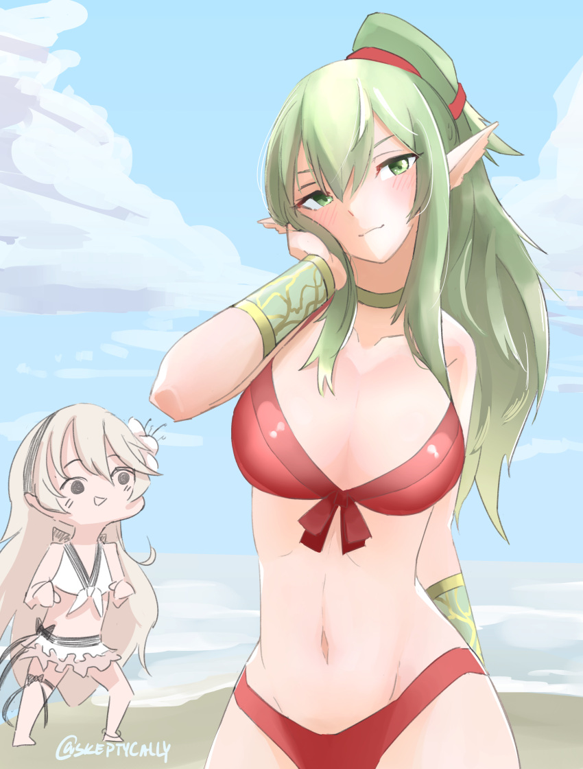 2girls absurdres bikini bracelet breasts chibi chibi_inset chiki choker cleavage clouds cute day dragon_girl elf female_my_unit_(fire_emblem_if) fire_emblem fire_emblem:_kakusei fire_emblem:_mystery_of_the_emblem fire_emblem_if green_hair grey_hair hair_between_eyes hair_ribbon hand_on_own_cheek head_tilt highres intelligent_systems jewelry large_breasts light_smile long_hair looking_at_viewer mamkute midriff multiple_girls my_unit_(fire_emblem_if) navel nintendo ocean pointy_ears ponytail red_bikini red_ribbon ribbon sexy sidelocks skeptycally solo_focus summer swimsuit twitter_username very_long_hair white_bikini